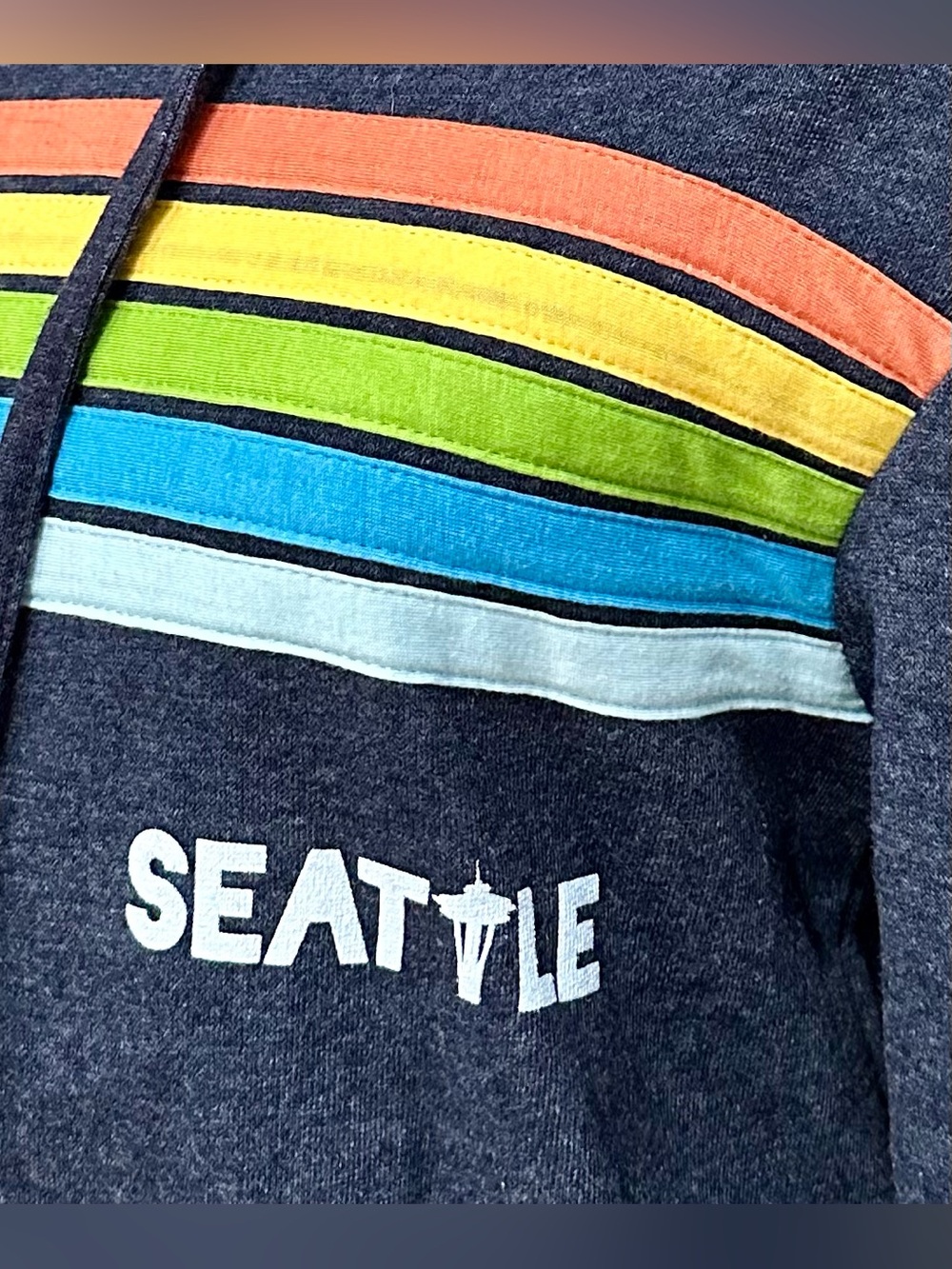 Super Soft Seattle Sweatshirt/Hoodie, Quilted Rainbow, Spaceneedle Detail EUC, S - Picture 10 of 12